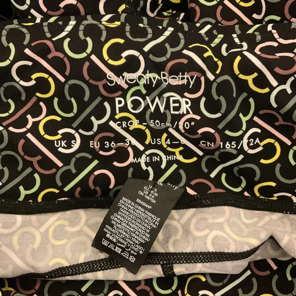 Sweaty Betty Power Crop Leggings 4/6 Black Yellow Green Pink Monogram Print Tech